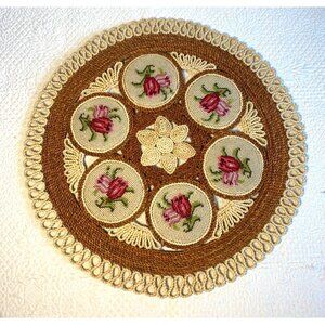 Boho Woven Raffia Straw Needlepoint Roses Vintage Centerpiece 18" Brown & Beige